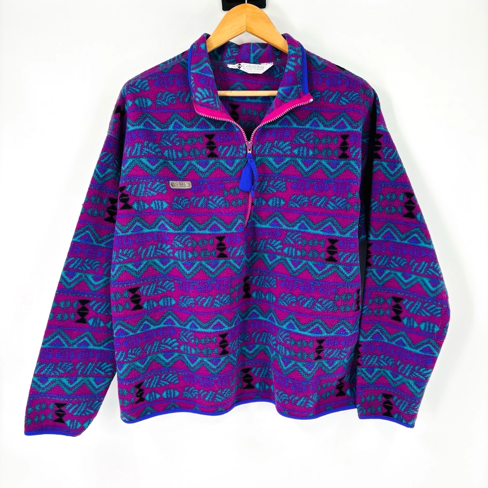 Vintage Columbia Fleece Jacket Aztec Southwest Print Size Xl Purple Blue 90's